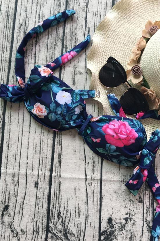 Floral Bow Bandeau Bikini Swimsuit - Two Piece Set