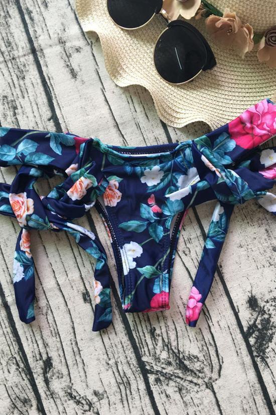 Floral Bow Bandeau Bikini Swimsuit - Two Piece Set