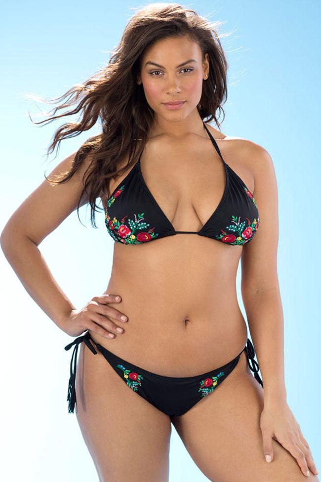Plus Size Floral Embroidery String Triangle Bikini - Two Piece Swimsuit