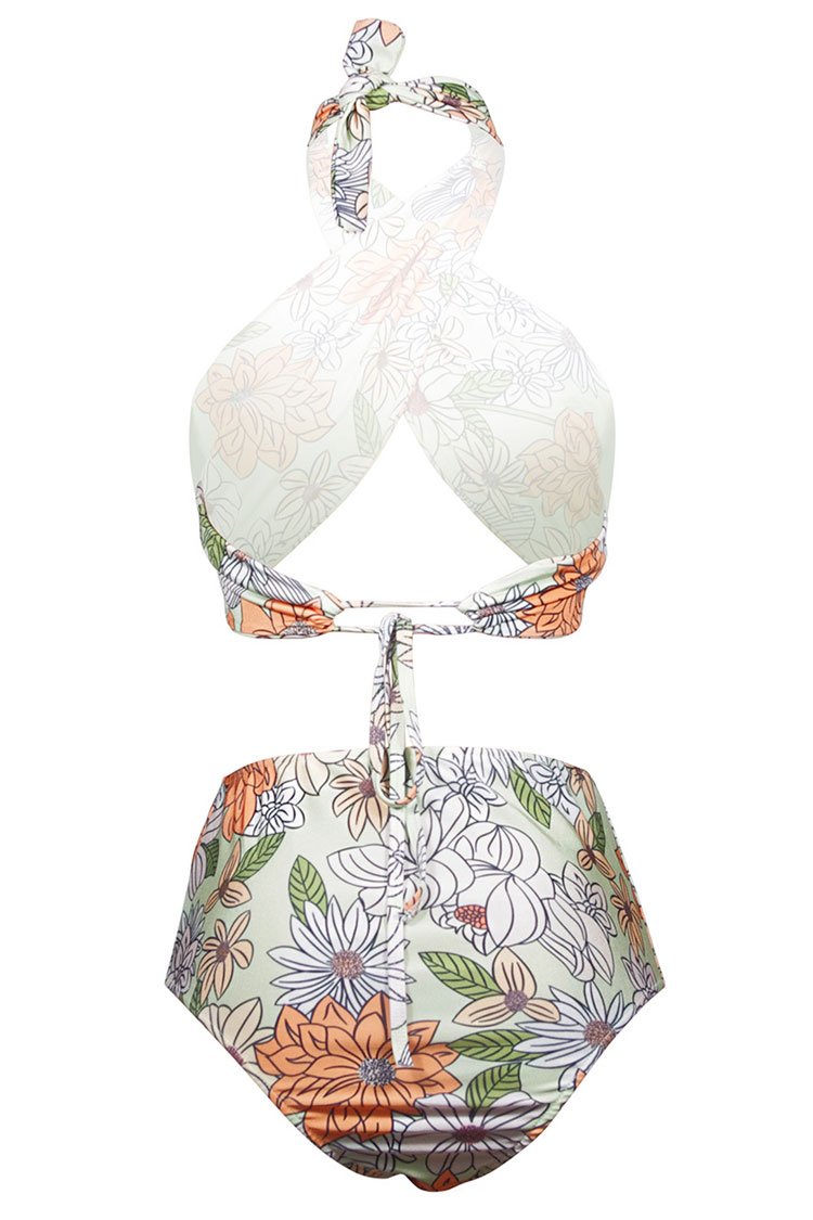 High Waist Floral Halter Wrap Bikini Swimsuit - Two Piece Set
