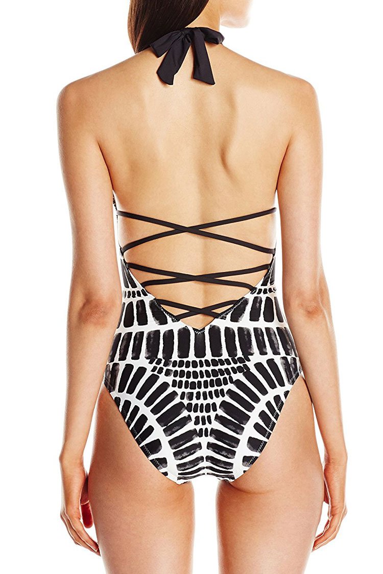 Tribal Printed High Neck Halter One Piece Swimsuit