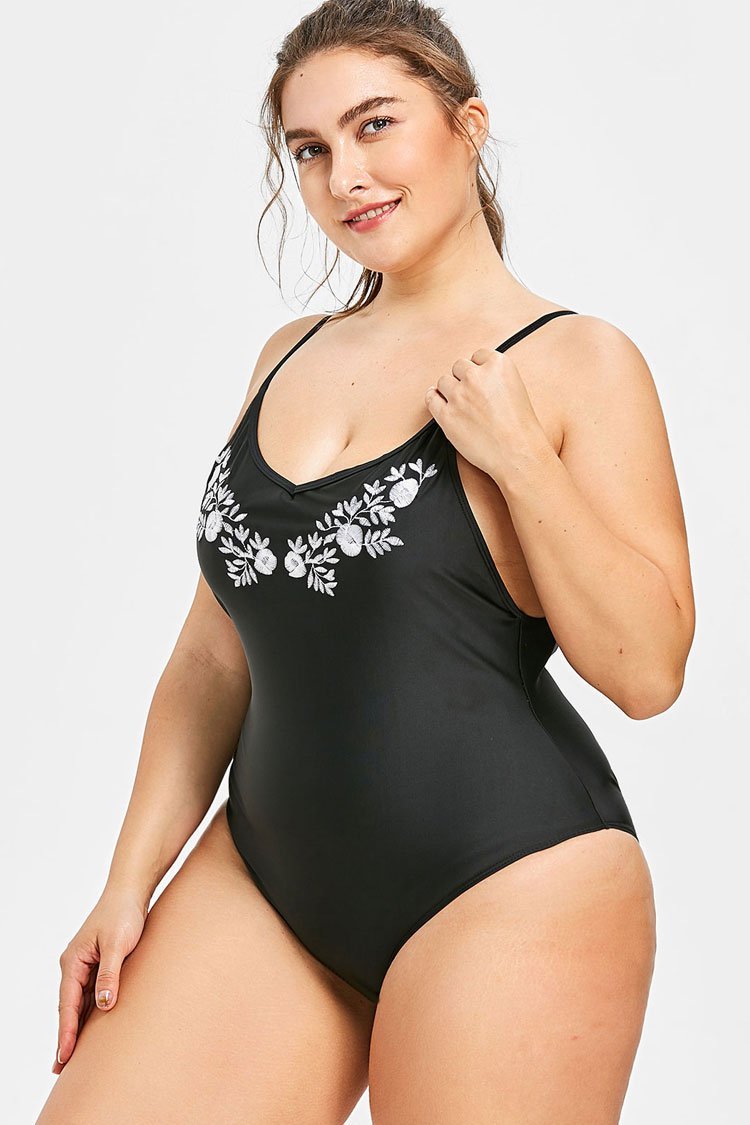 Plus Size Floral Low Back Embroidery One Piece Swimsuit