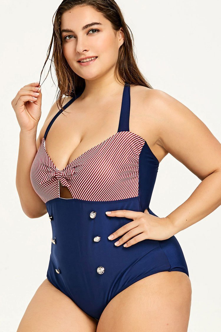 Plus Size Bowknot Nautical Striped Halter One Piece Swimsuit