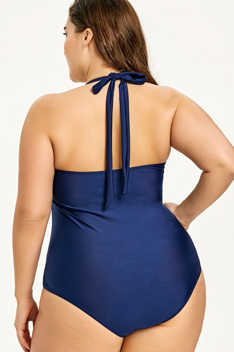 Plus Size Bowknot Nautical Striped Halter One Piece Swimsuit