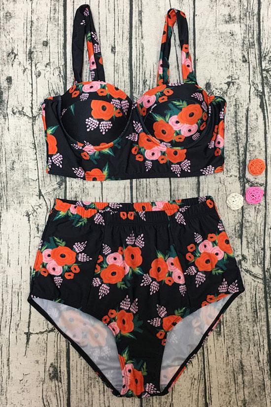 High Waist Floral Printed Underwire Crop Bikini Swimsuit - Two Piece Set