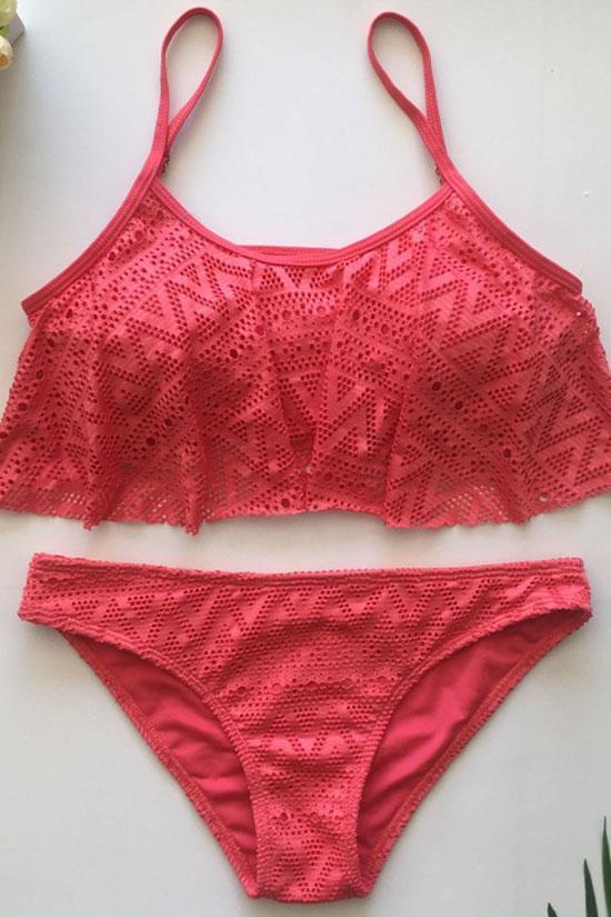 Solid Ruffle Lace Bikini Swimsuit - Two Piece Set