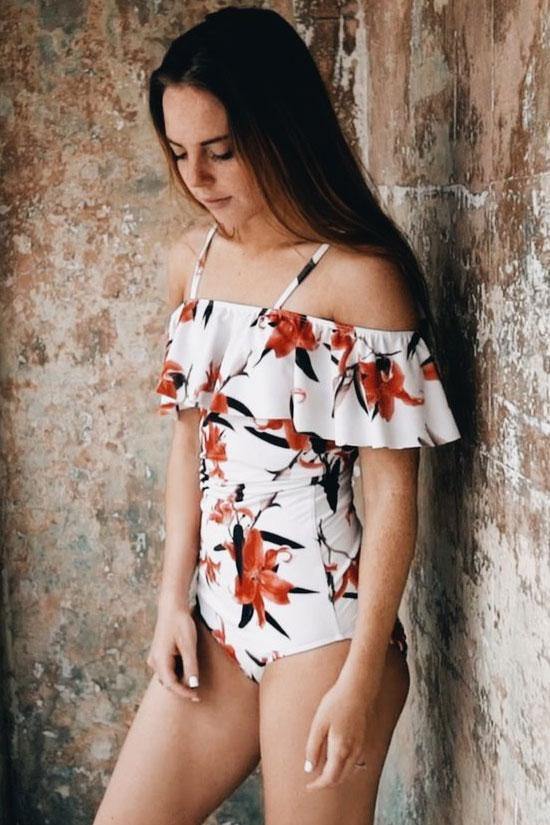 Blooming Floral Ruffle Off Shoulder One Piece Swimsuit