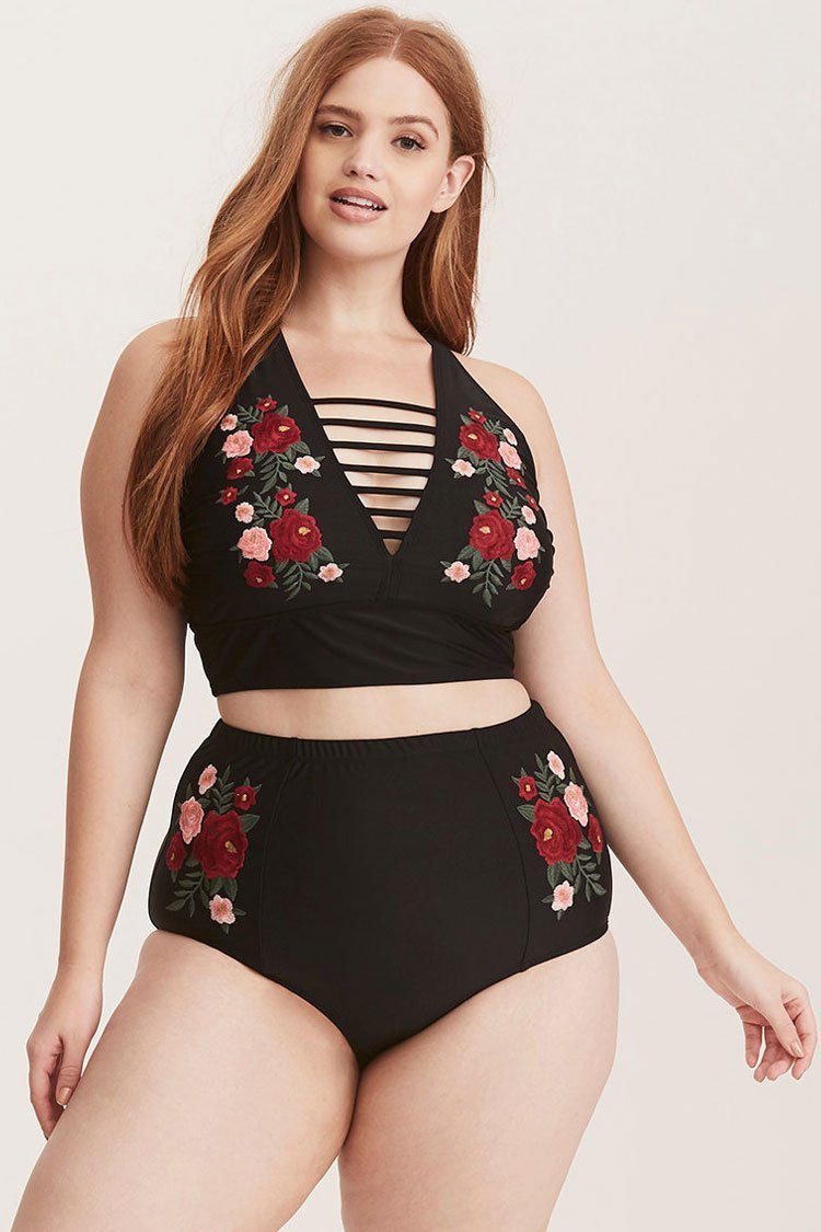 Plus Size High Waist Floral Embroidery Strappy Plunge Bikini Swimsuit