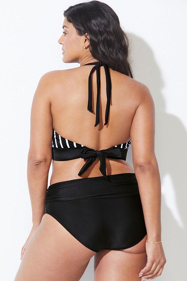 Plus Size Striped High Waisted Halter Bikini - Two Piece Swimsuit