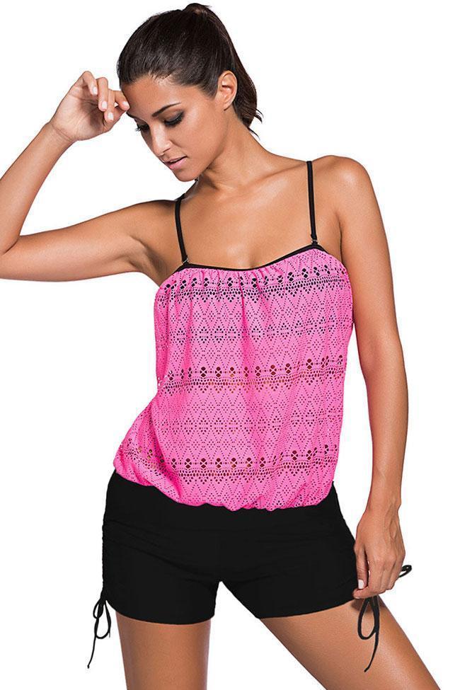 Lace Overlay Knotted Boyshort Tankini - Two Piece Swimsuit