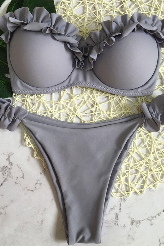 Ruffle Trim Push Up Bandeau Underwire Bikini Swimsuit - Two Piece Set