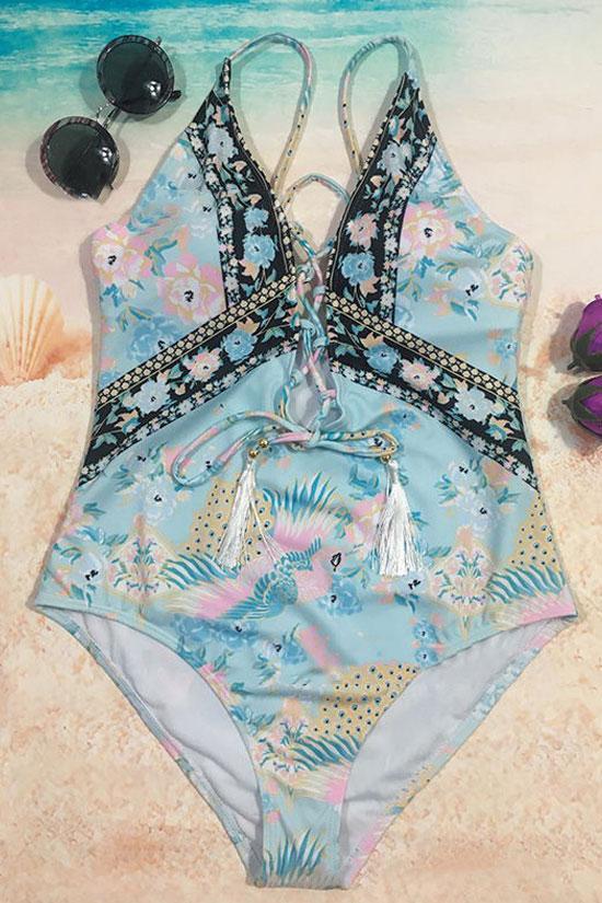 Ethnic Printed Lace Up Fringed Trim Strappy One Piece Swimsuit