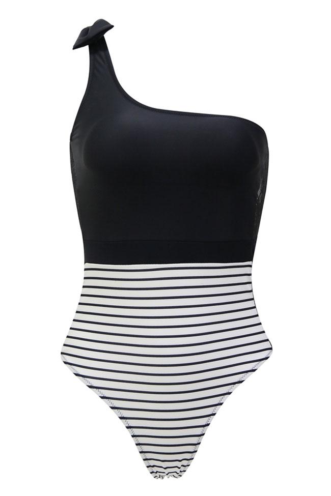 Tied One Shoulder Striped Splicing Lace One Piece Swimsuit