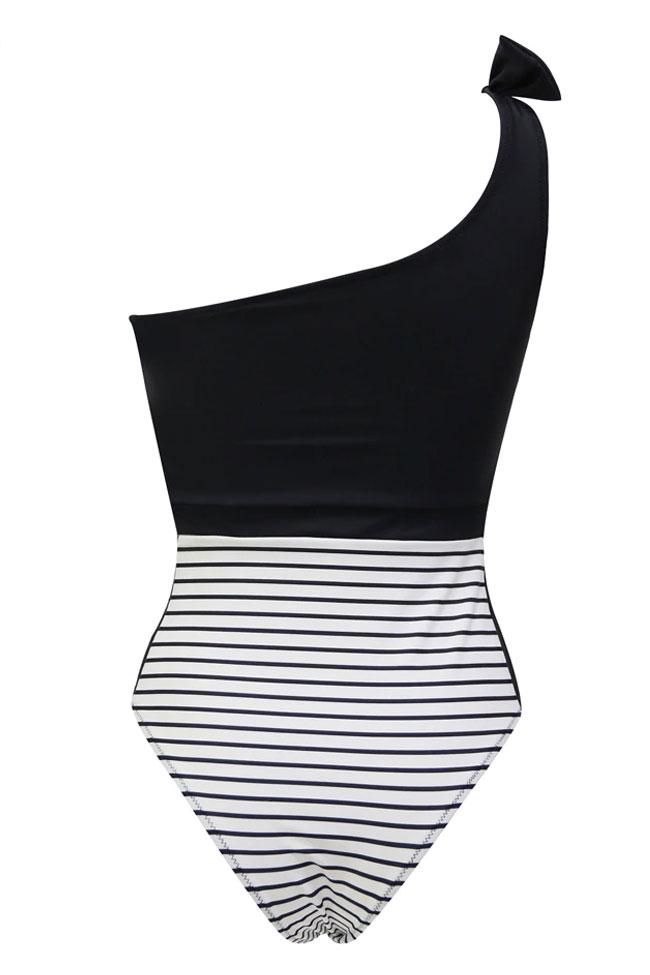 Tied One Shoulder Striped Splicing Lace One Piece Swimsuit
