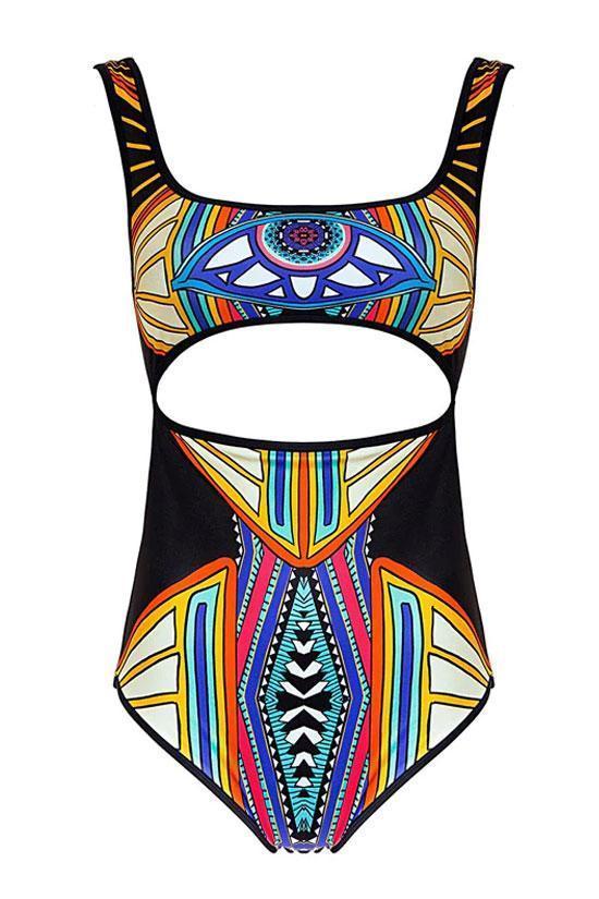 Tribal Printed Cutout Detailing One Piece Swimsuit