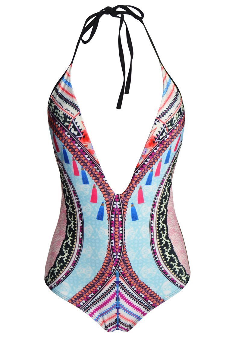 Ethnic Printed Deep V Neck Halter Low Back One Piece Swimsuit
