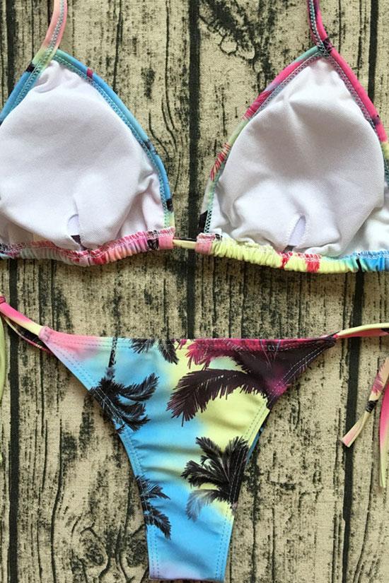 Palm Tree Tie String Thong Slide Triangle Bikini Swimsuit - Two Piece Set