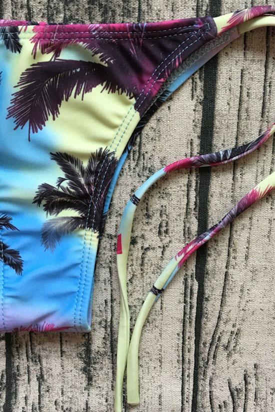 Palm Tree Tie String Thong Slide Triangle Bikini Swimsuit - Two Piece Set