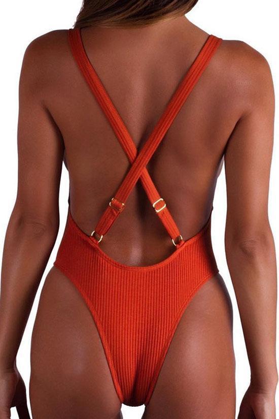Cross Straps Low Back High Leg Ribbed Thong One Piece Swimsuit