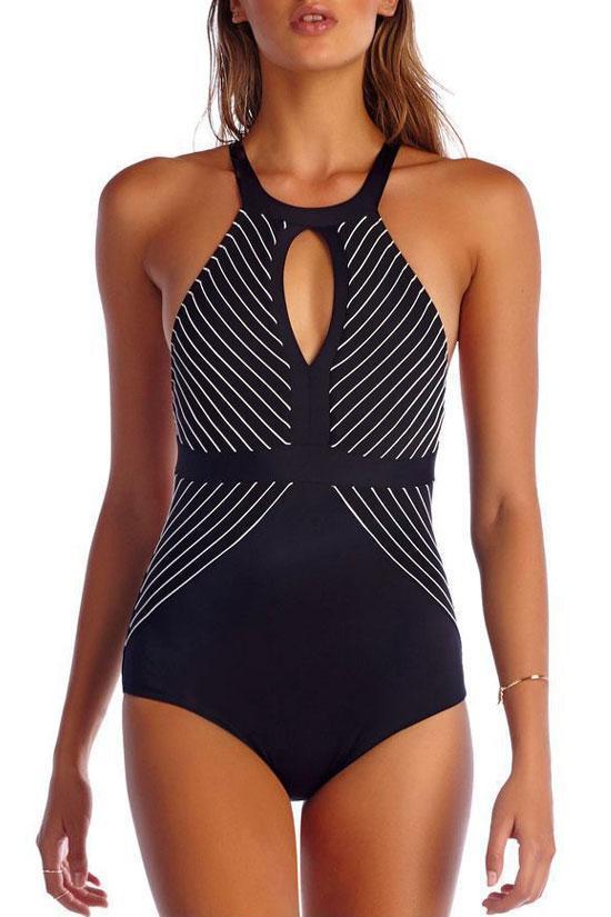 Striped Cross Straps Low Back Cutout Front High Neck One Piece Swimsuit