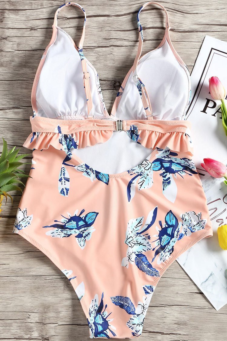 Floral Printed Ruffle Deep V One Piece Swimsuit