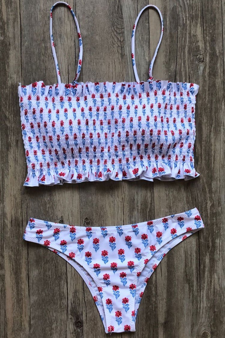 Bohemian Ruffle Shirred Bandeau Bikini - Two Piece Swimsuit