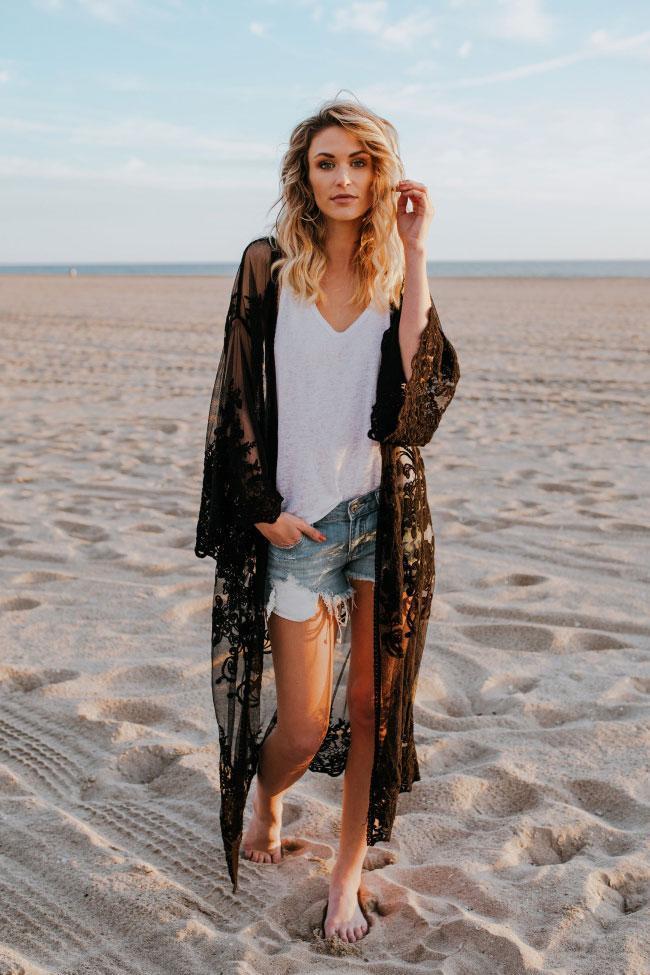 Open Front Scallop Edge Flare Sleeve Sheer Mesh Maxi Cover Up