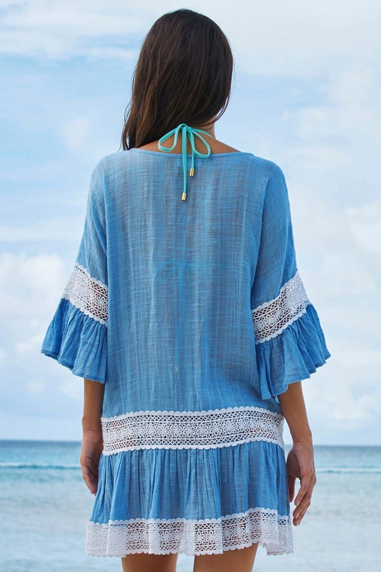 Leisure Flare Sleeve Lace Panel Tunic Cover Up