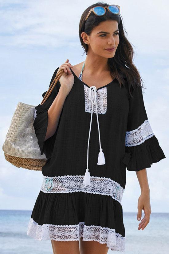 Leisure Flare Sleeve Lace Panel Tunic Cover Up