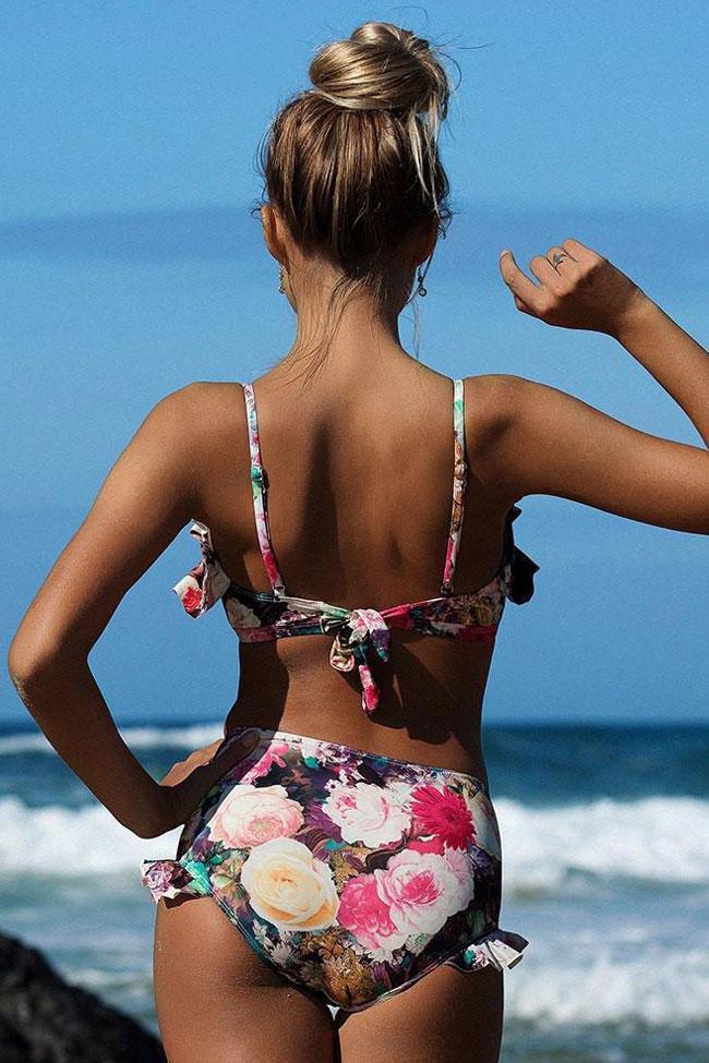 Floral Printed Ruffle Tied Front High Waisted Bikini - Two Piece Swimsuit