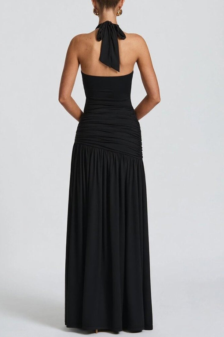 Halter Plunging Neckline Ruched Hip Seashell Brooch High Slit Maxi Dress 11