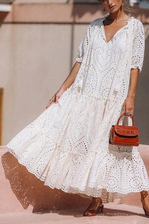 Deep V-Neck Puff Sleeve Tiered Eyelet Lace Scalloped Hem Maxi Dress 2