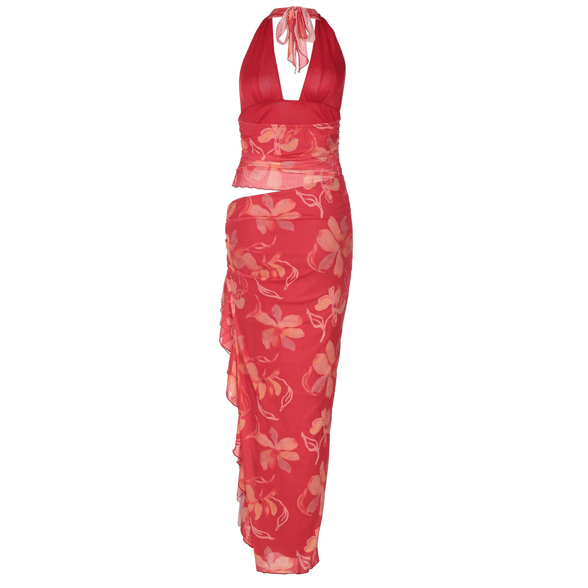 Halter Plunging V Neck Floral Ruched Ruffle Side Slit Maxi Set 11