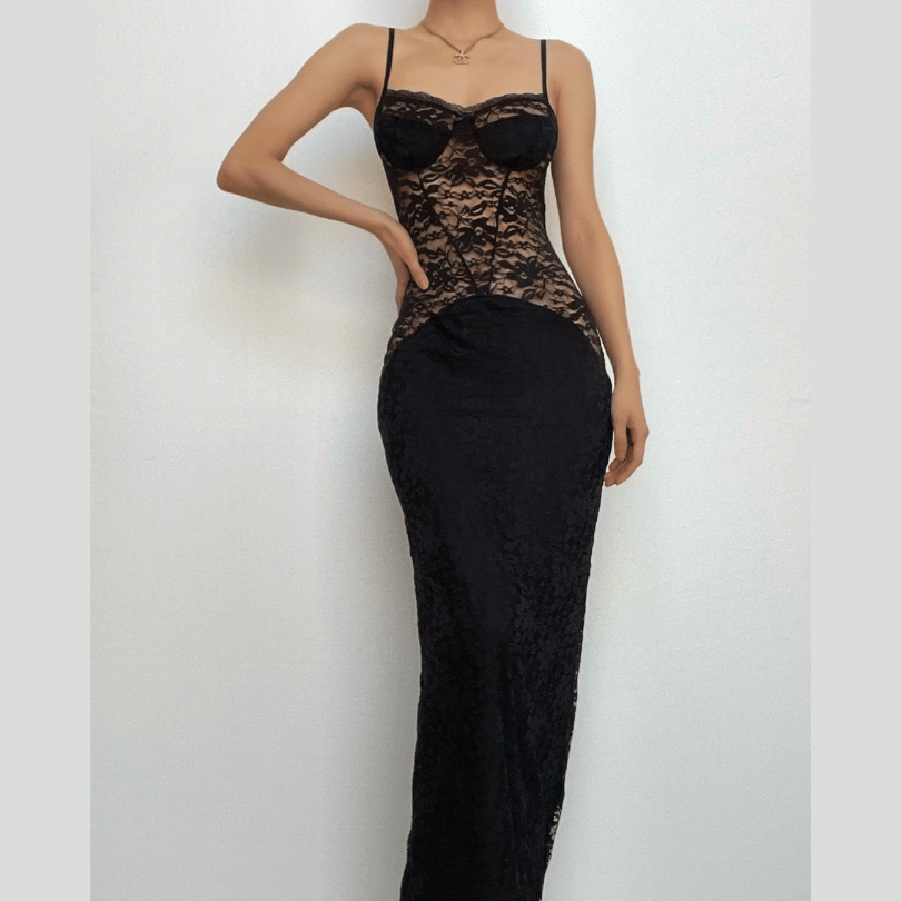 Corset Bodice Sheer Lace Spaghetti Strap Column Maxi Gown