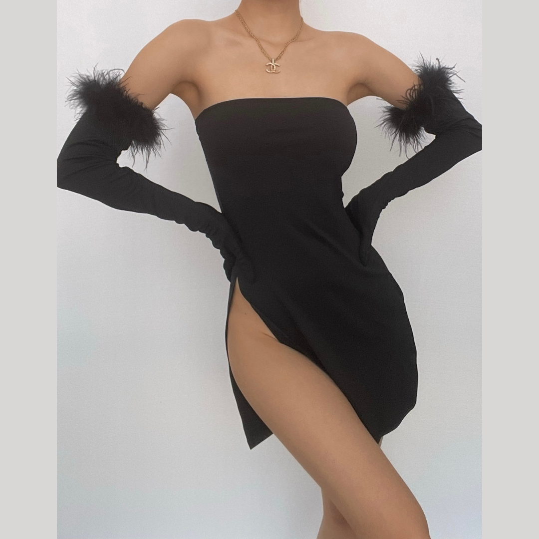 Strapless Feather Trim Opera Glove High Slit Tube Mini Dress