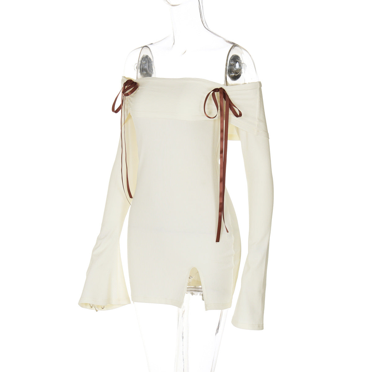 Off Shoulder Rib Knit Bell Sleeve Bow Shoulder Mini Dress 12