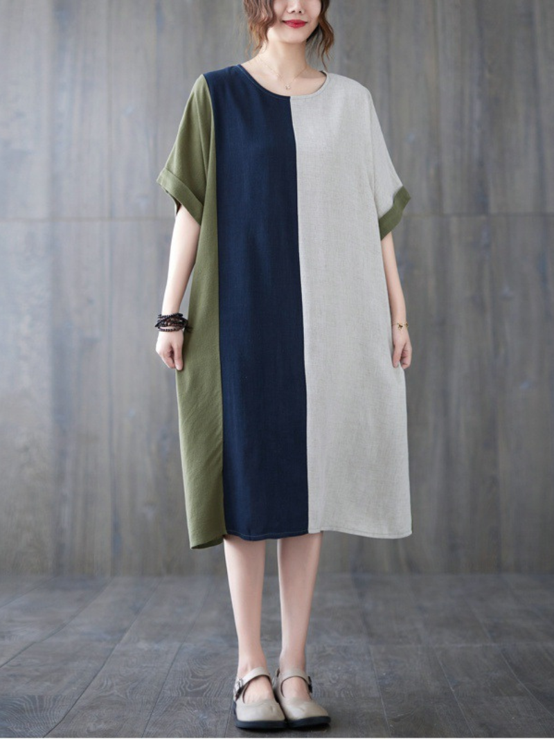 Round Neck Short Sleeve Color Block Panel Linen Midi Dress 4