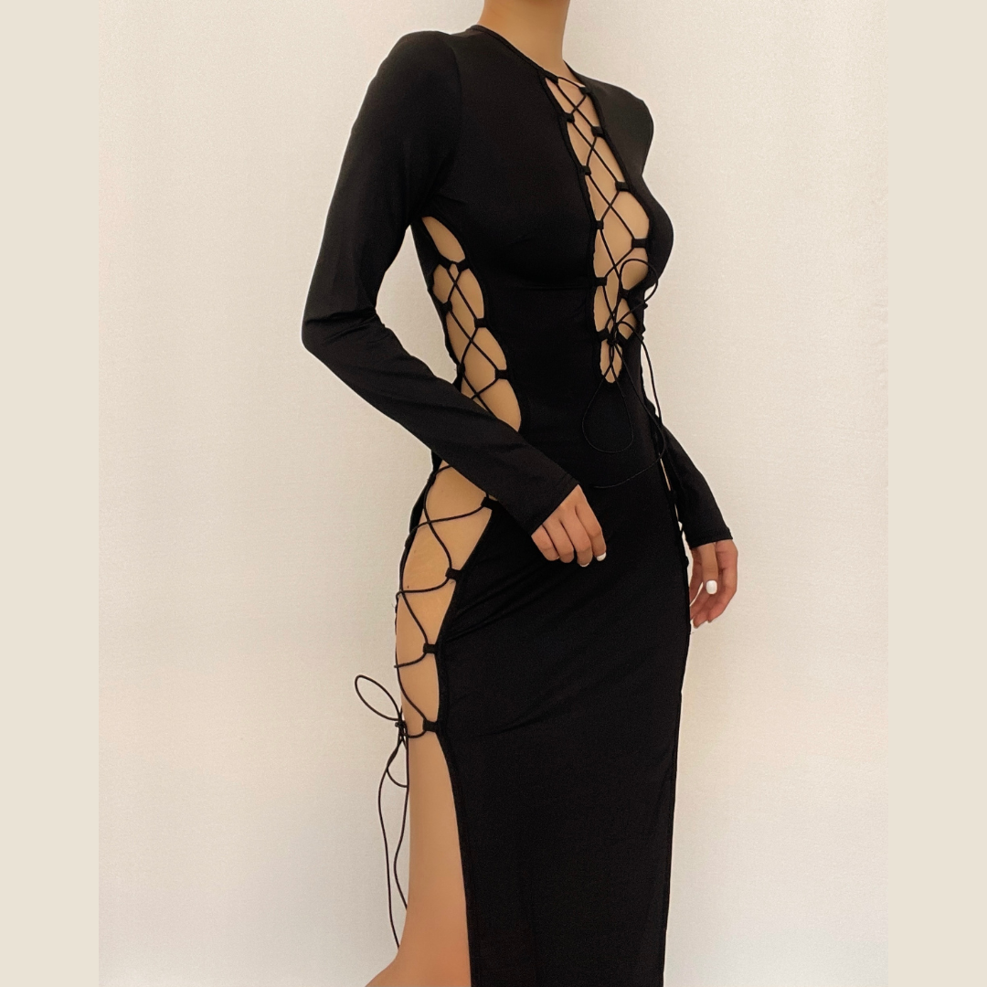 Long Sleeve Front Lace-Up Chest Cutout Side Slit Bodycon Maxi Dress