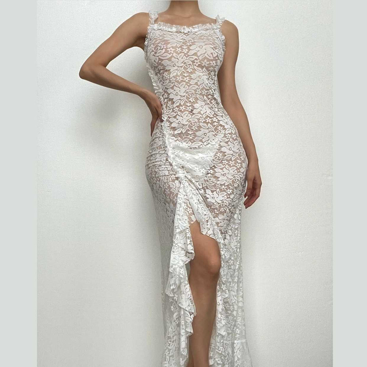 Square Neck Ruffle Trim Sheer Lace High Slit Ruffle Hem Maxi Dress
