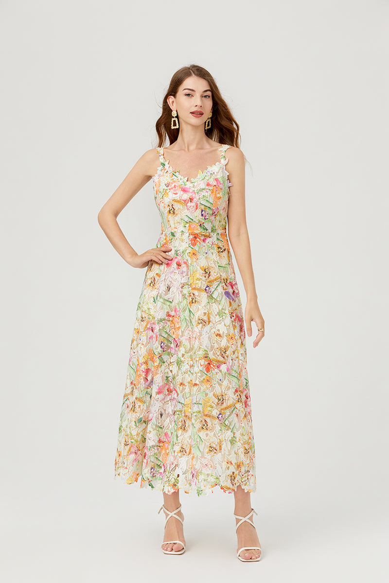 Floral Lace V-Neck Scalloped Edge Sleeveless Midi Dress 4