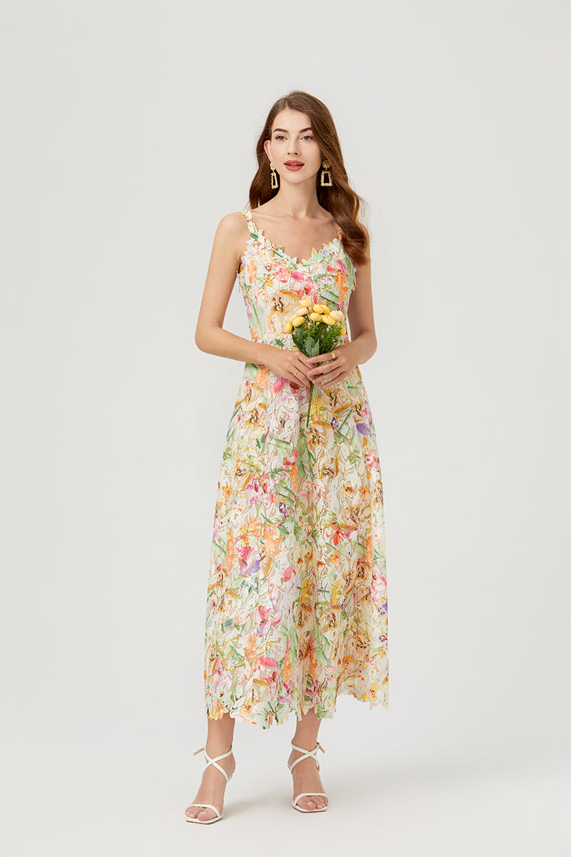 Floral Lace V-Neck Scalloped Edge Sleeveless Midi Dress 13