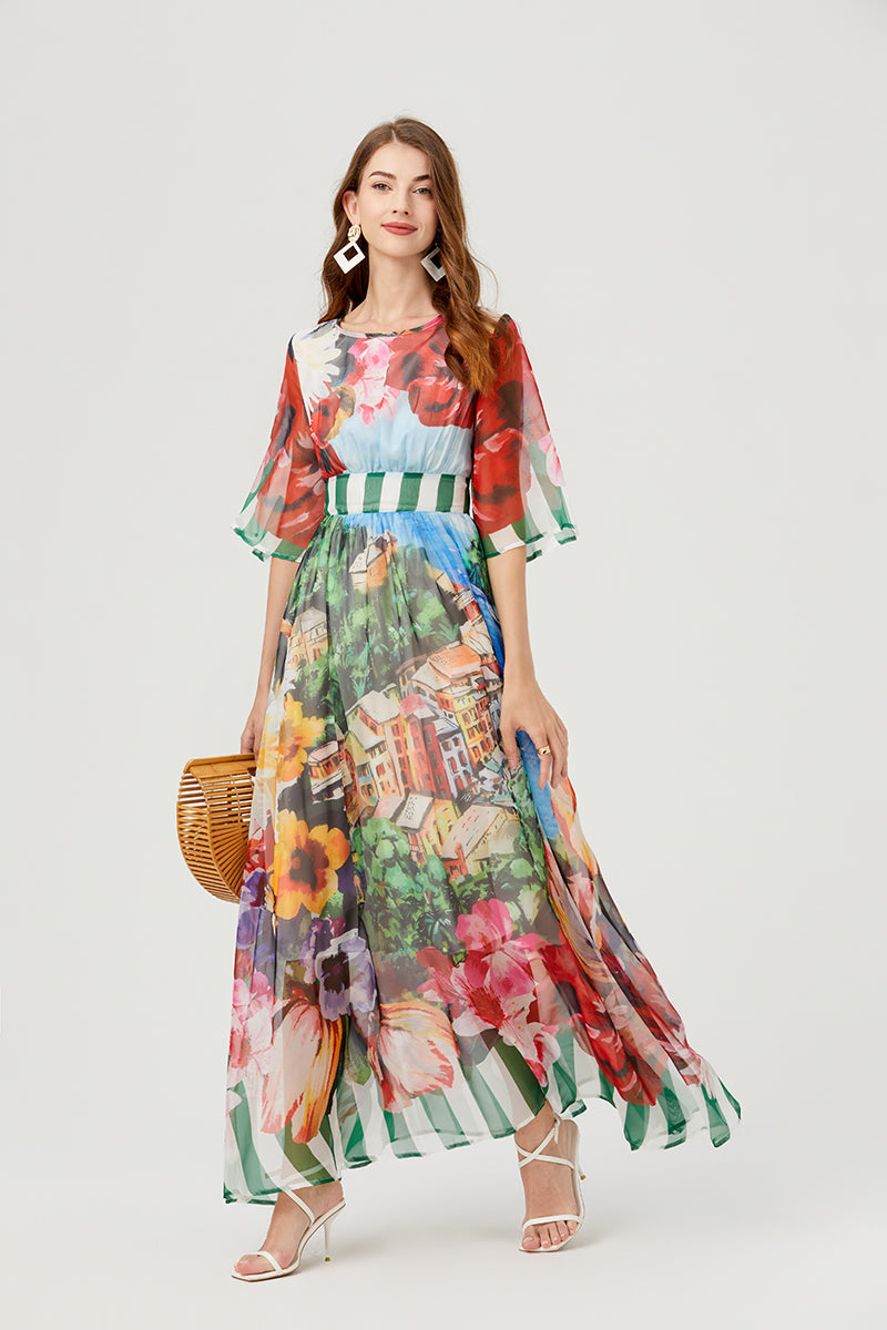 Scenic Landscape Floral Print Bell Sleeve Banded Waist Chiffon Maxi Dress 3