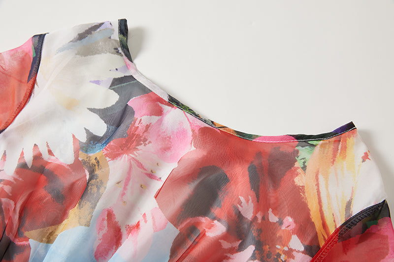 Scenic Landscape Floral Print Bell Sleeve Banded Waist Chiffon Maxi Dress 6