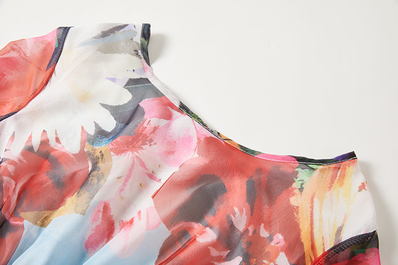 Scenic Landscape Floral Print Bell Sleeve Banded Waist Chiffon Maxi Dress 7