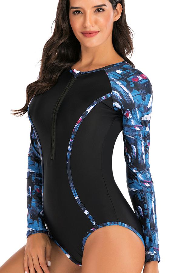 Patchwork Design Printed Zipper Up Surfing Swimwear