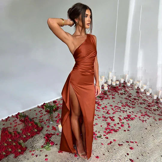 Satin One-Shoulder Ruched Bodice High Slit Column Maxi Gown 10