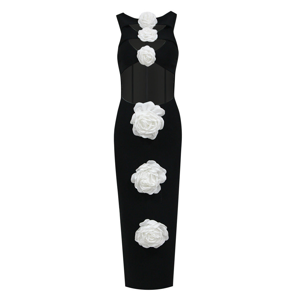 High Neck Diamond Cutout Floral Applique Sleeveless Column Floor-Length Dress 3