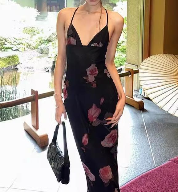 Large Floral Print Halter Neck Deep V Backless Maxi Slip Dress