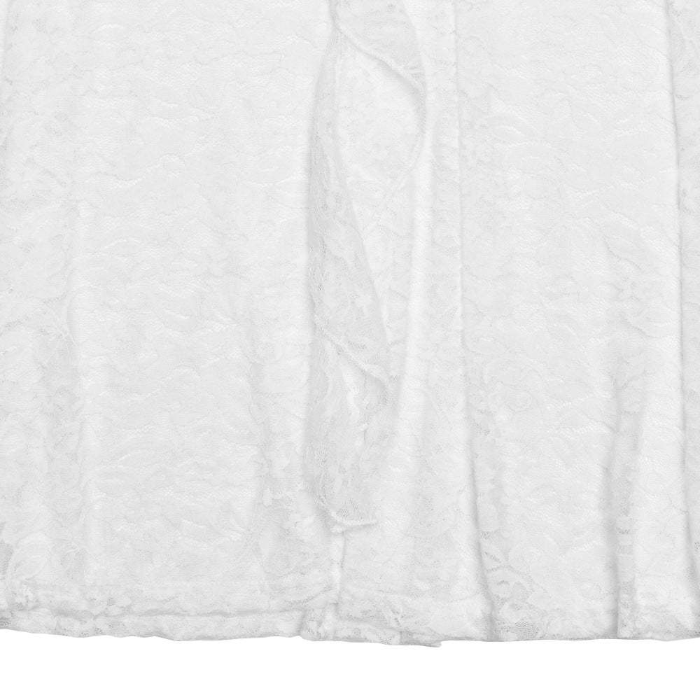 Halter Ruched Lace Insert Front Ruffle Panel Maxi Dress 15