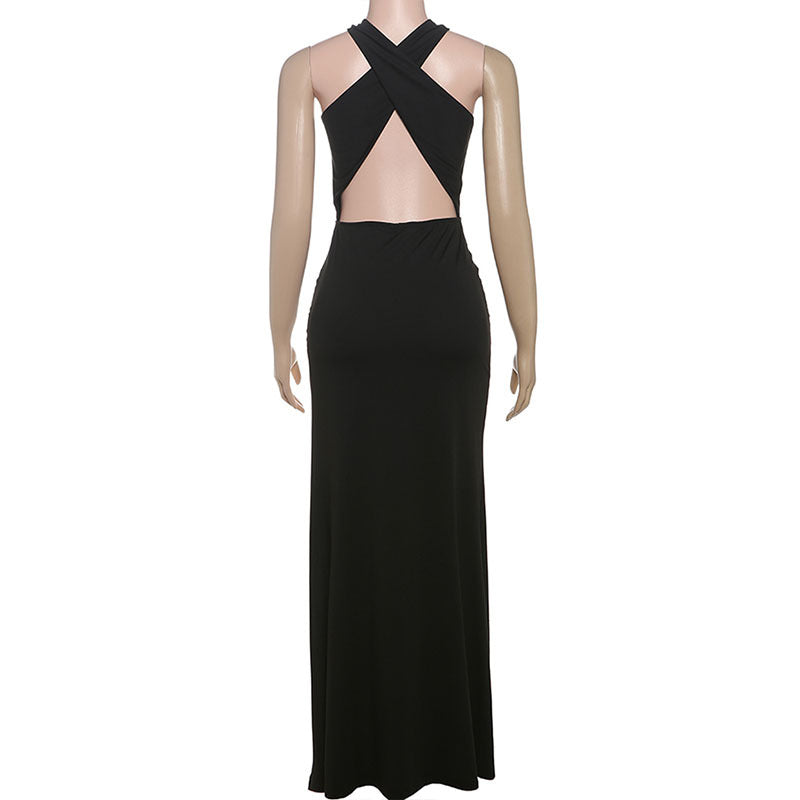 Halter Neck Cutout Waist Ruched Satin Column Maxi Dress 12